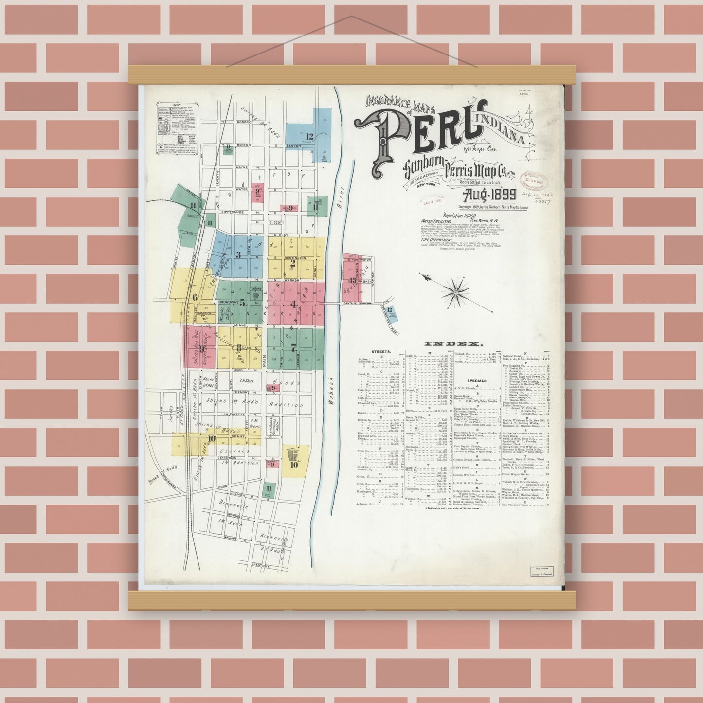 Old map wall art mockup — magnetic wood frame on brick wall — Sanborn Fire Insurance Map from Peru, Miami County, Indiana (1899) - Complete Map Set