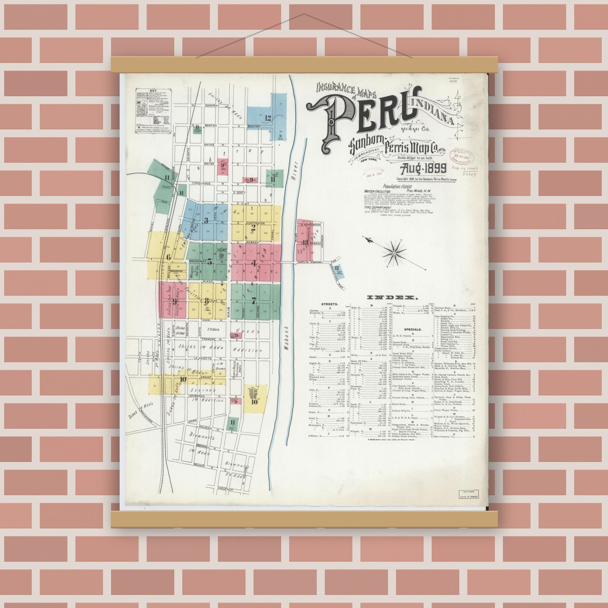 Old map wall art mockup — magnetic wood frame on brick wall — Sanborn Fire Insurance Map from Peru, Miami County, Indiana (1899) - Complete Map Set