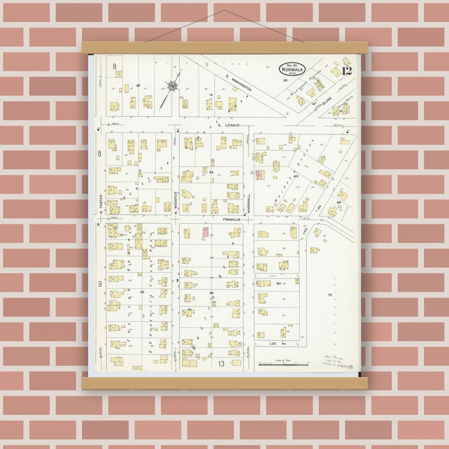 Old map wall art mockup — magnetic wood frame on brick wall — Sanborn Fire Insurance Map from Norwalk, Huron County, Ohio (1911), Sheet #0012