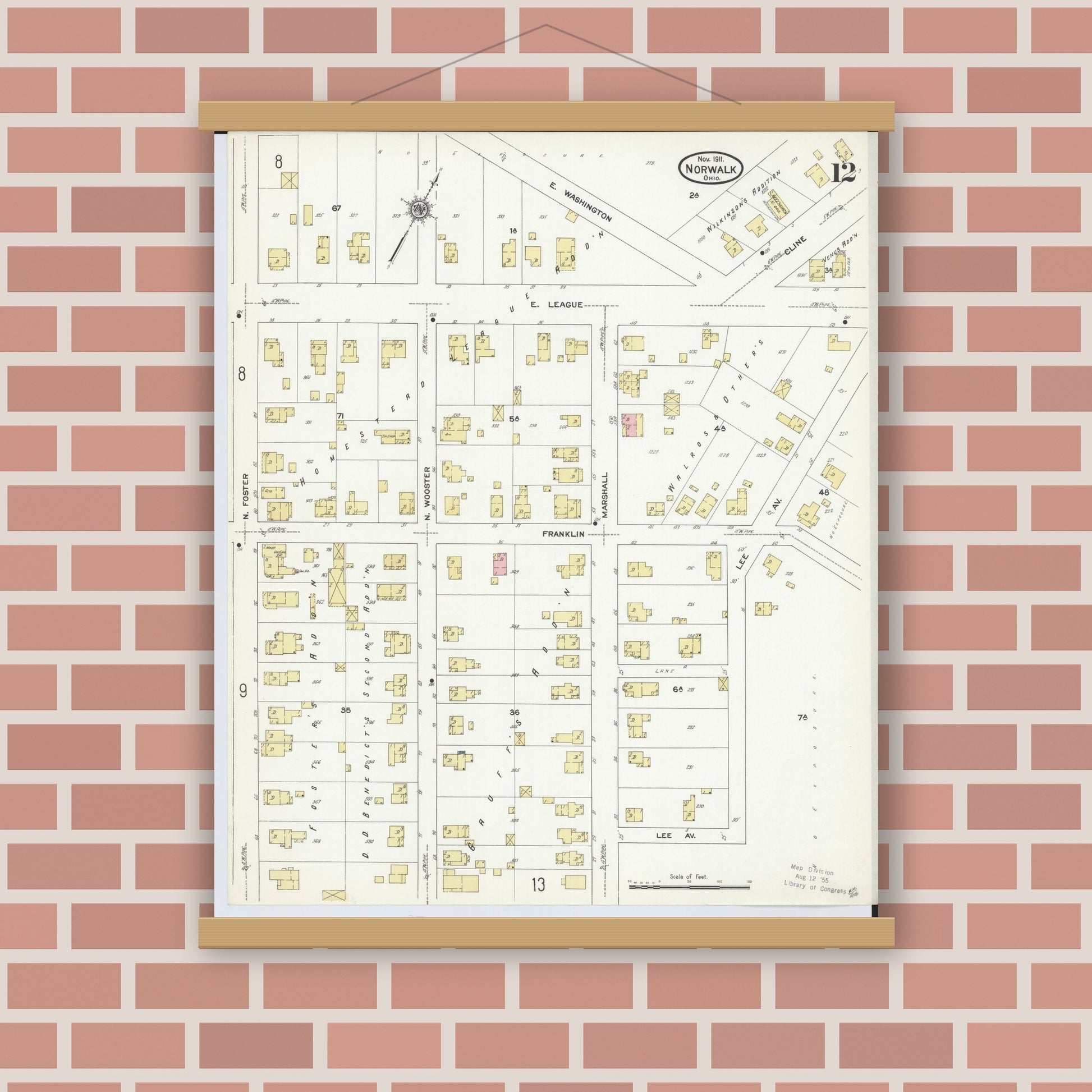 Old map wall art mockup — magnetic wood frame on brick wall — Sanborn Fire Insurance Map from Norwalk, Huron County, Ohio (1911), Sheet #0012