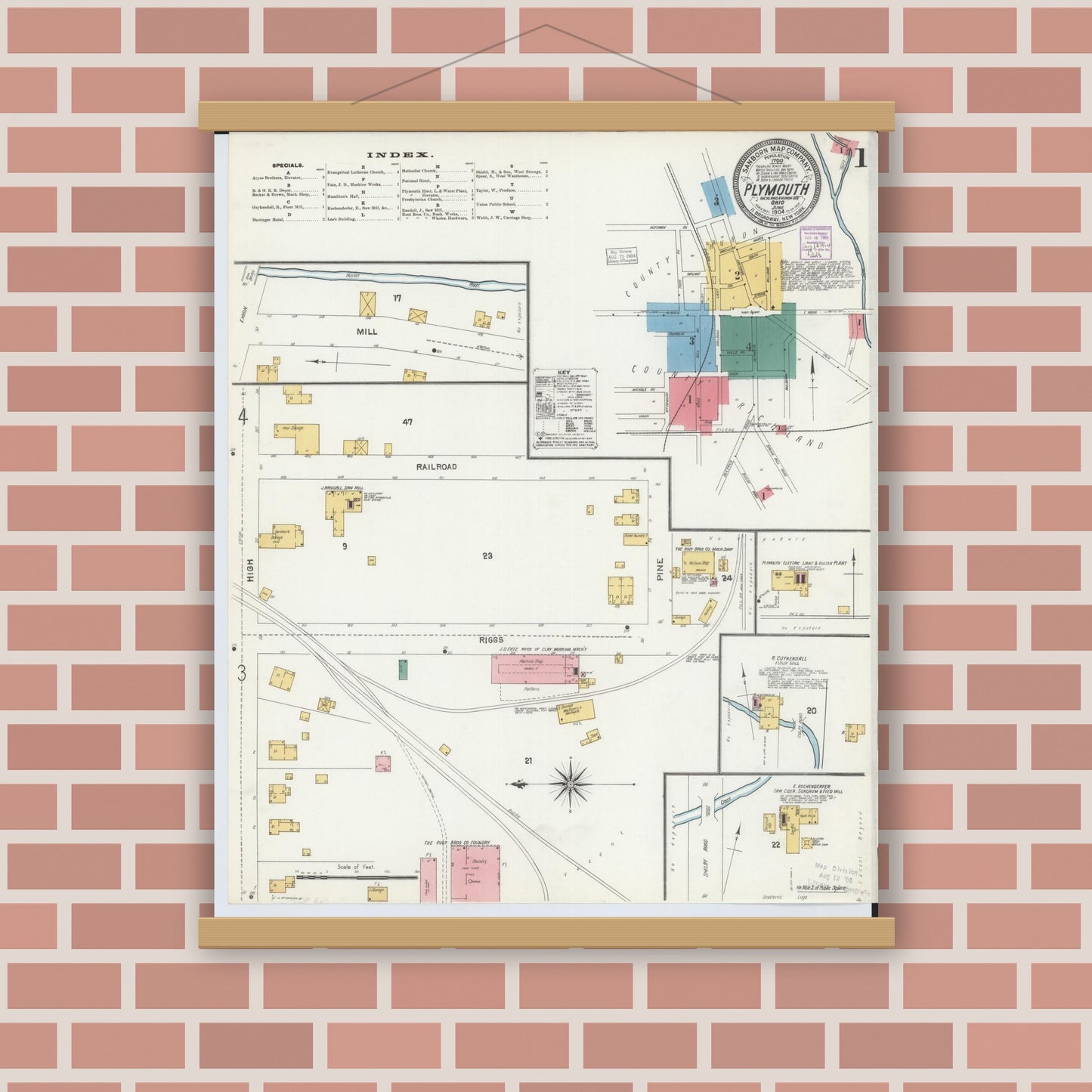 Old map wall art mockup — magnetic wood frame on brick wall — Sanborn Fire Insurance Map from Plymouth, Huron And Richland Counties, Ohio (1904) - Complete Map Set