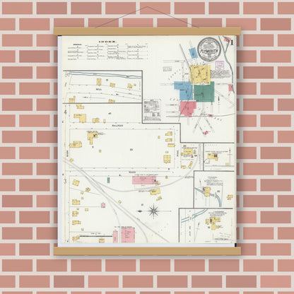 Old map wall art mockup — magnetic wood frame on brick wall — Sanborn Fire Insurance Map from Plymouth, Huron And Richland Counties, Ohio (1904) - Complete Map Set