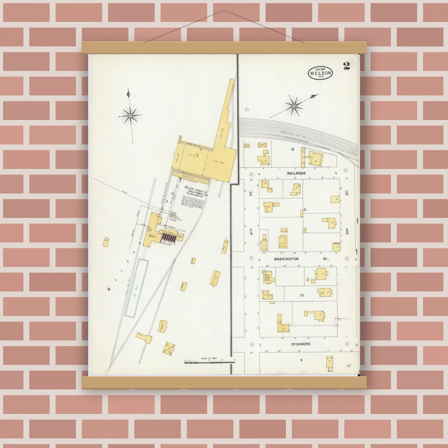 Old map wall art mockup — magnetic wood frame on brick wall — Sanborn Fire Insurance Map from Weldon, Halifax County, North Carolina (1904), Sheet #0002