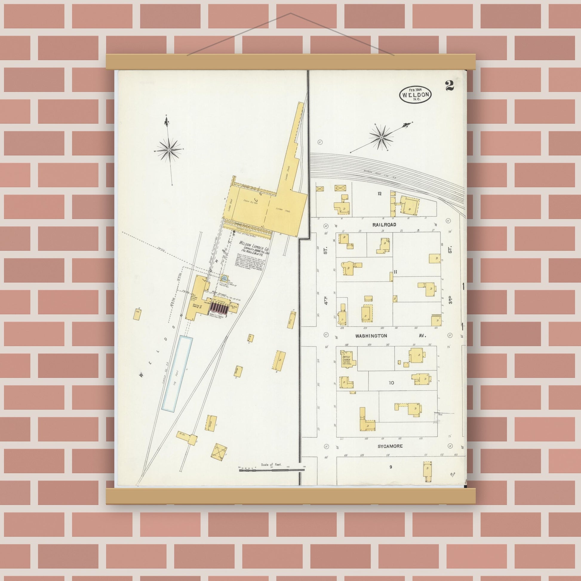 Old map wall art mockup — magnetic wood frame on brick wall — Sanborn Fire Insurance Map from Weldon, Halifax County, North Carolina (1904), Sheet #0002