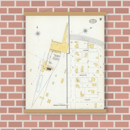 Old map wall art mockup — magnetic wood frame on brick wall — Sanborn Fire Insurance Map from Weldon, Halifax County, North Carolina (1904), Sheet #0002