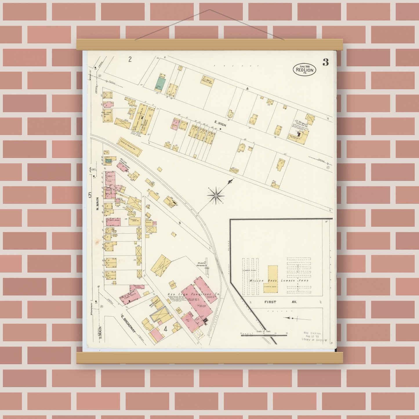 Old map wall art mockup — magnetic wood frame on brick wall — Sanborn Fire Insurance Map from Red Lion, York County, Pennsylvania (1908), Sheet #0003