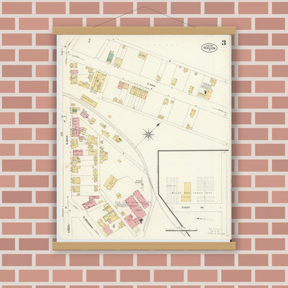 Old map wall art mockup — magnetic wood frame on brick wall — Sanborn Fire Insurance Map from Red Lion, York County, Pennsylvania (1908), Sheet #0003