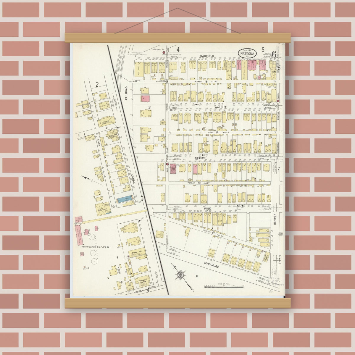 Old map wall art mockup — magnetic wood frame on brick wall — Sanborn Fire Insurance Map from Natrona, Allegheny County, Pennsylvania (1912), Sheet #0006