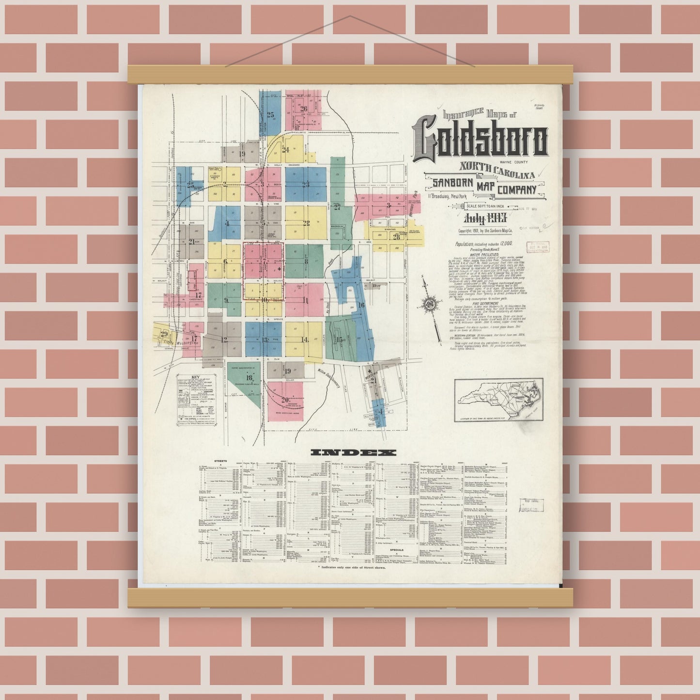 Old map wall art mockup — magnetic wood frame on brick wall — Sanborn Fire Insurance Map from Goldsboro, Wayne County, North Carolina (1913) - Complete Map Set
