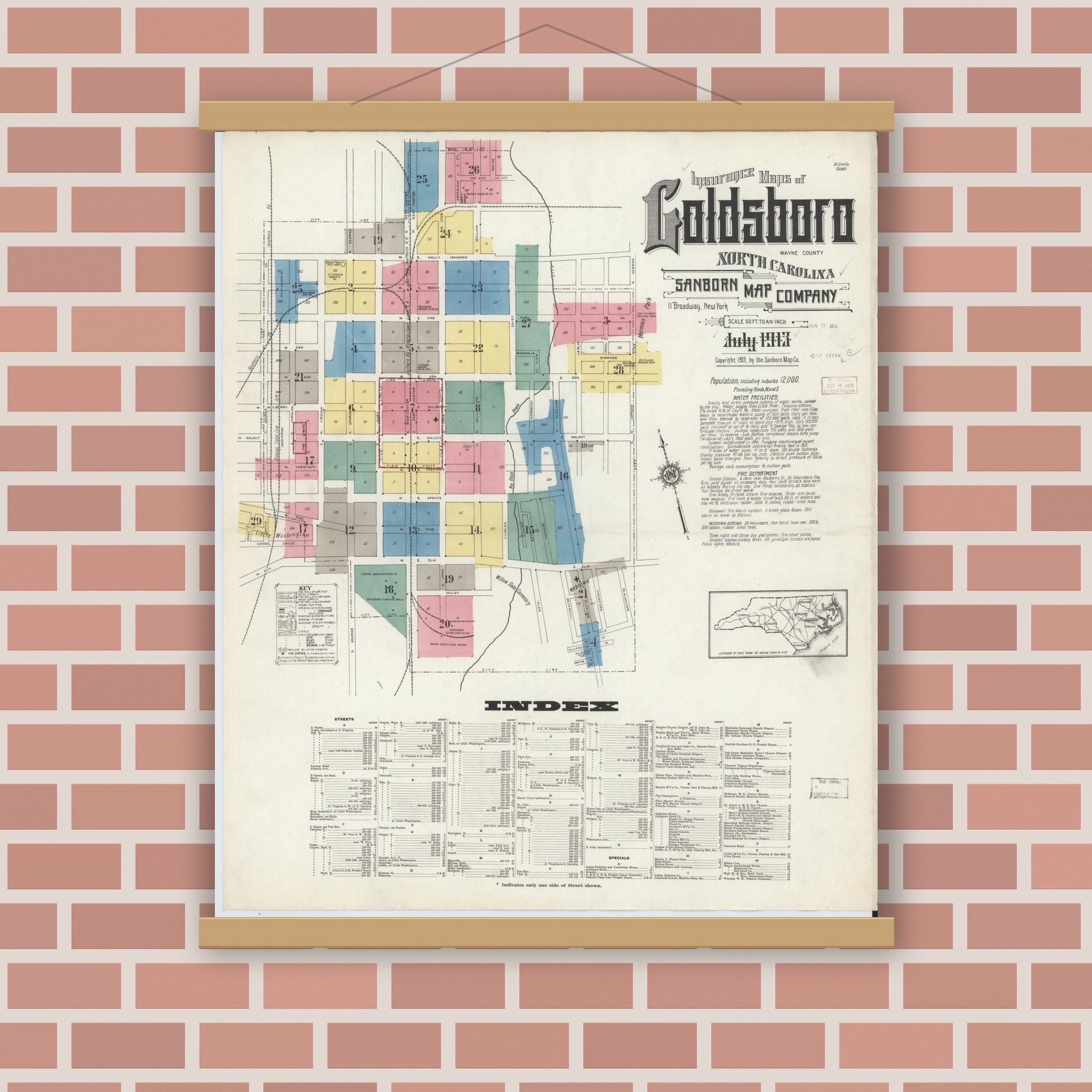 Old map wall art mockup — magnetic wood frame on brick wall — Sanborn Fire Insurance Map from Goldsboro, Wayne County, North Carolina (1913) - Complete Map Set