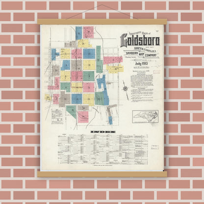 Old map wall art mockup — magnetic wood frame on brick wall — Sanborn Fire Insurance Map from Goldsboro, Wayne County, North Carolina (1913) - Complete Map Set