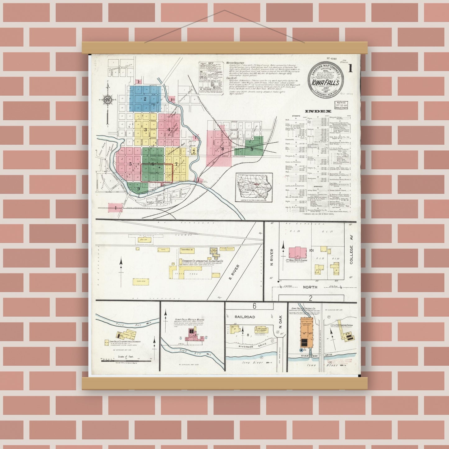 Old map wall art mockup — magnetic wood frame on brick wall — Sanborn Fire Insurance Map from Iowa Falls, Hardin County, Iowa (1917) â€” Complete Set