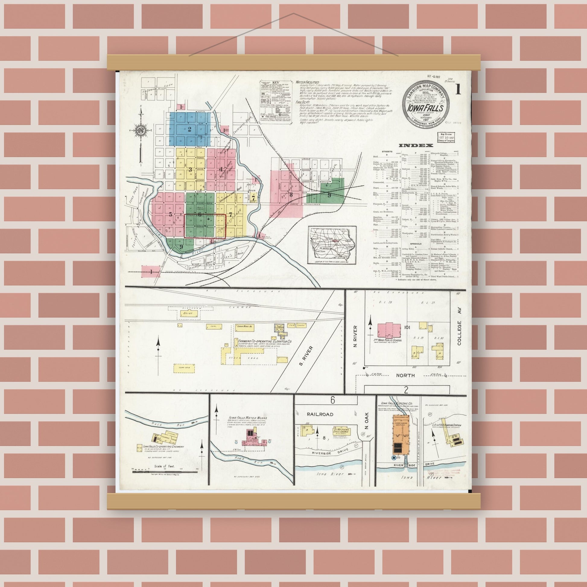 Old map wall art mockup — magnetic wood frame on brick wall — Sanborn Fire Insurance Map from Iowa Falls, Hardin County, Iowa (1917) â€” Complete Set