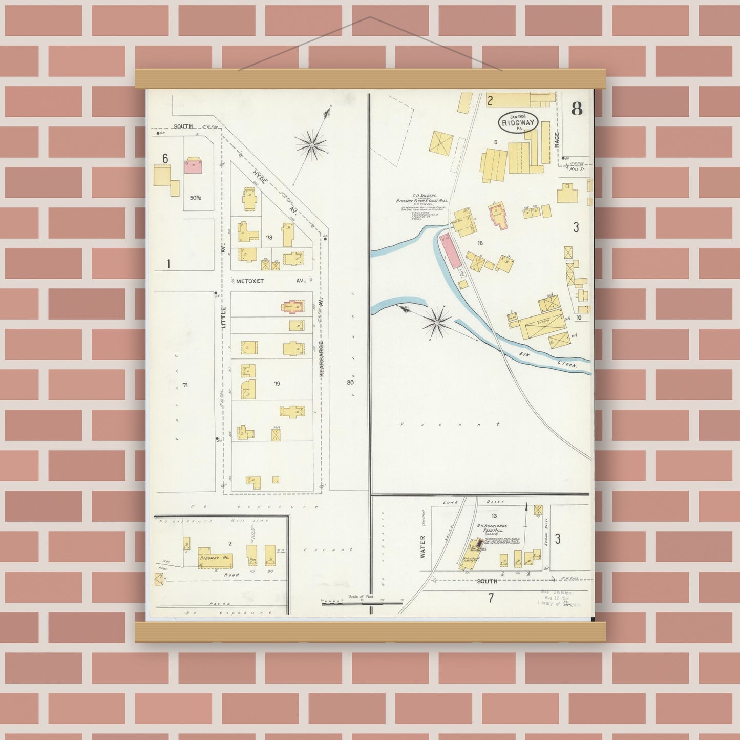 Old map wall art mockup — magnetic wood frame on brick wall — Sanborn Fire Insurance Map from Ridgway, Elk County, Pennsylvania (1904), Sheet #0008
