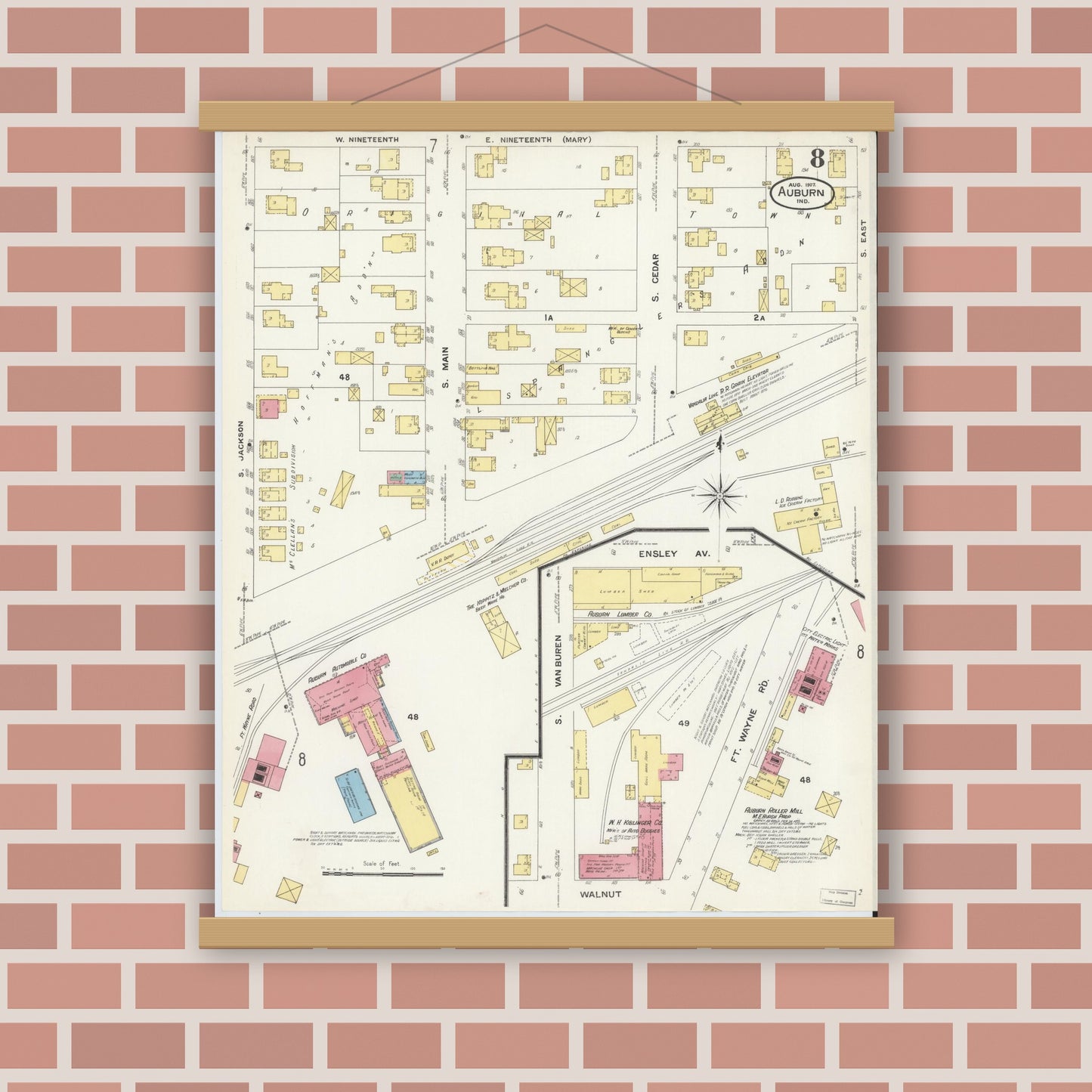 Old map wall art mockup — magnetic wood frame on brick wall — Sanborn Fire Insurance Map from Auburn, De Kalb County, Indiana (1907), Sheet #0008