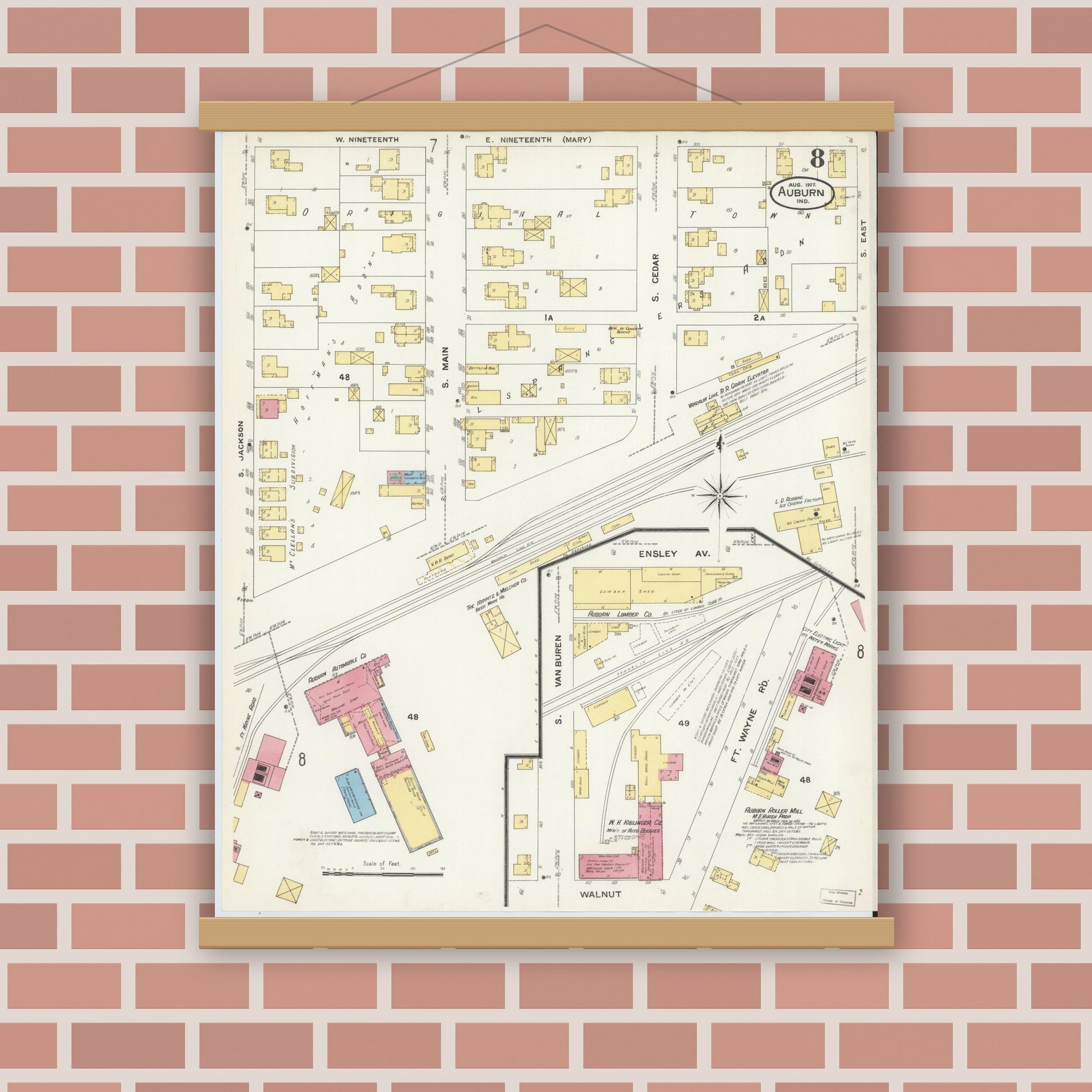 Old map wall art mockup — magnetic wood frame on brick wall — Sanborn Fire Insurance Map from Auburn, De Kalb County, Indiana (1907), Sheet #0008