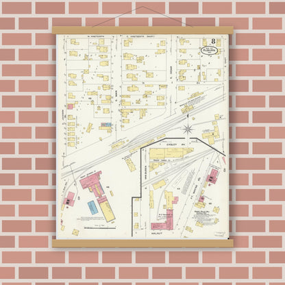 Old map wall art mockup — magnetic wood frame on brick wall — Sanborn Fire Insurance Map from Auburn, De Kalb County, Indiana (1907), Sheet #0008