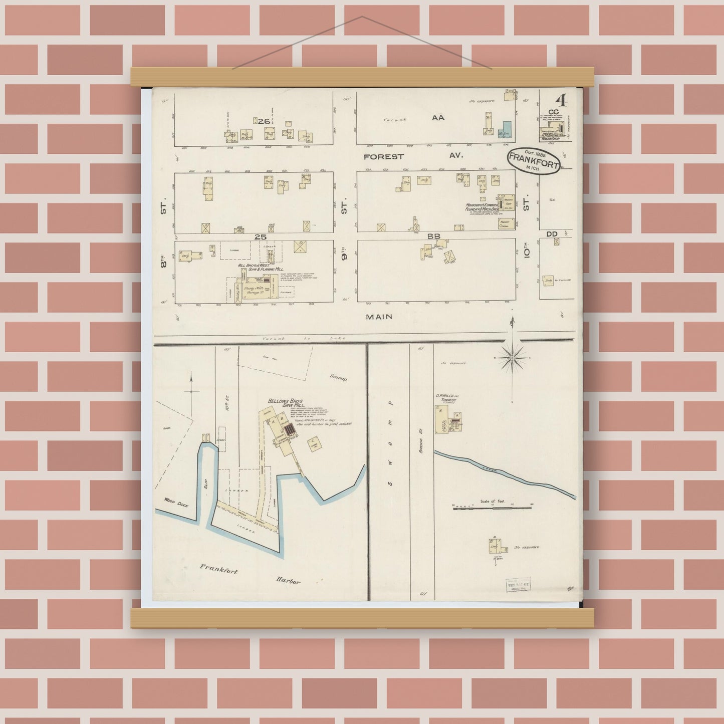 Old map wall art mockup — magnetic wood frame on brick wall — Sanborn Fire Insurance Map from Frankfort, Benzie County, Michigan (1885), Sheet #0004