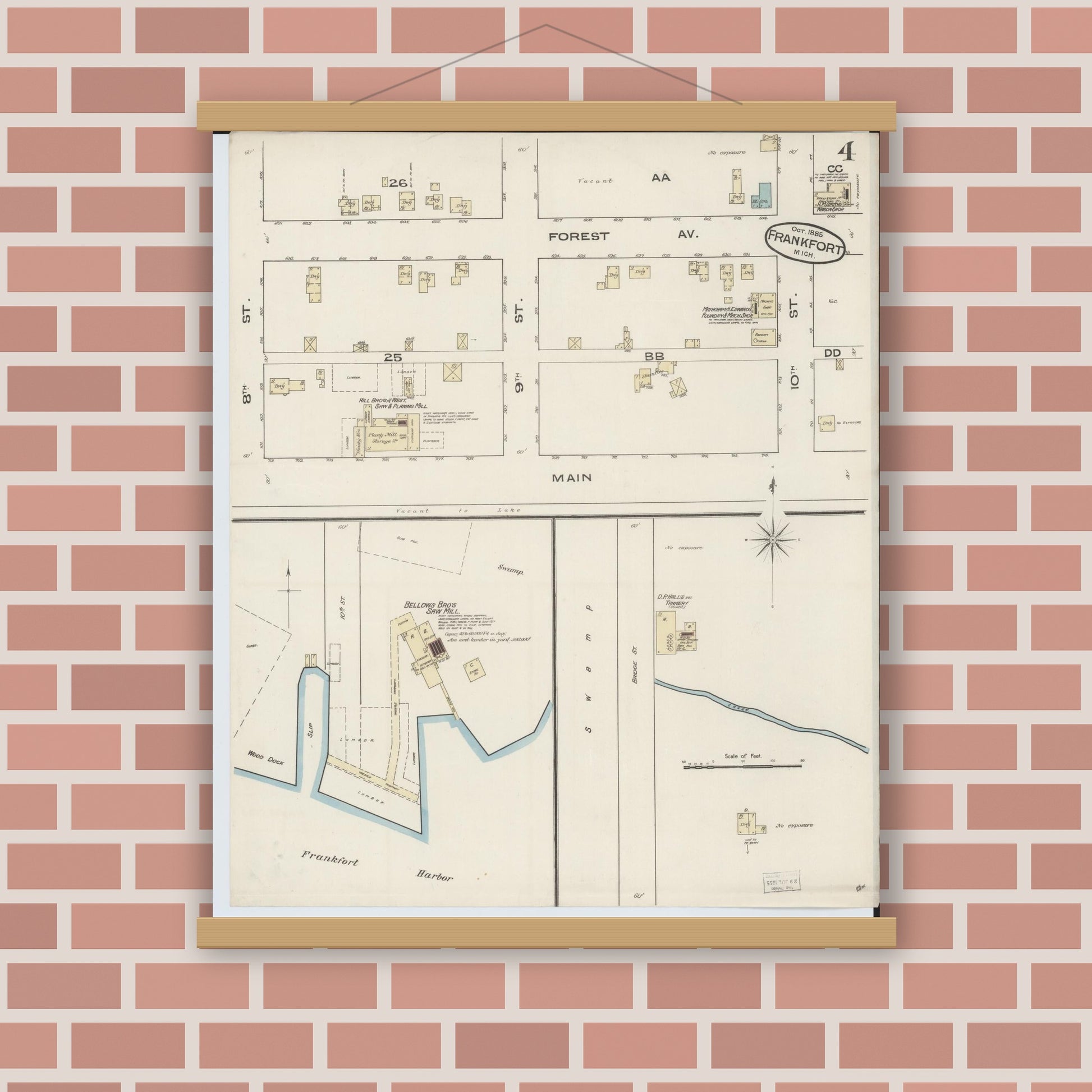 Old map wall art mockup — magnetic wood frame on brick wall — Sanborn Fire Insurance Map from Frankfort, Benzie County, Michigan (1885), Sheet #0004