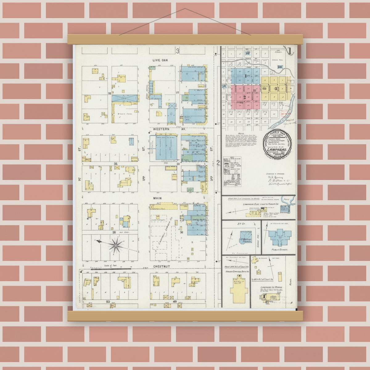 Old map wall art mockup — magnetic wood frame on brick wall — Sanborn Fire Insurance Map from Lampasas, Lampasas County, Texas (1896), Sheet #0001