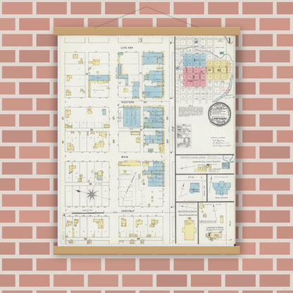Old map wall art mockup — magnetic wood frame on brick wall — Sanborn Fire Insurance Map from Lampasas, Lampasas County, Texas (1896), Sheet #0001