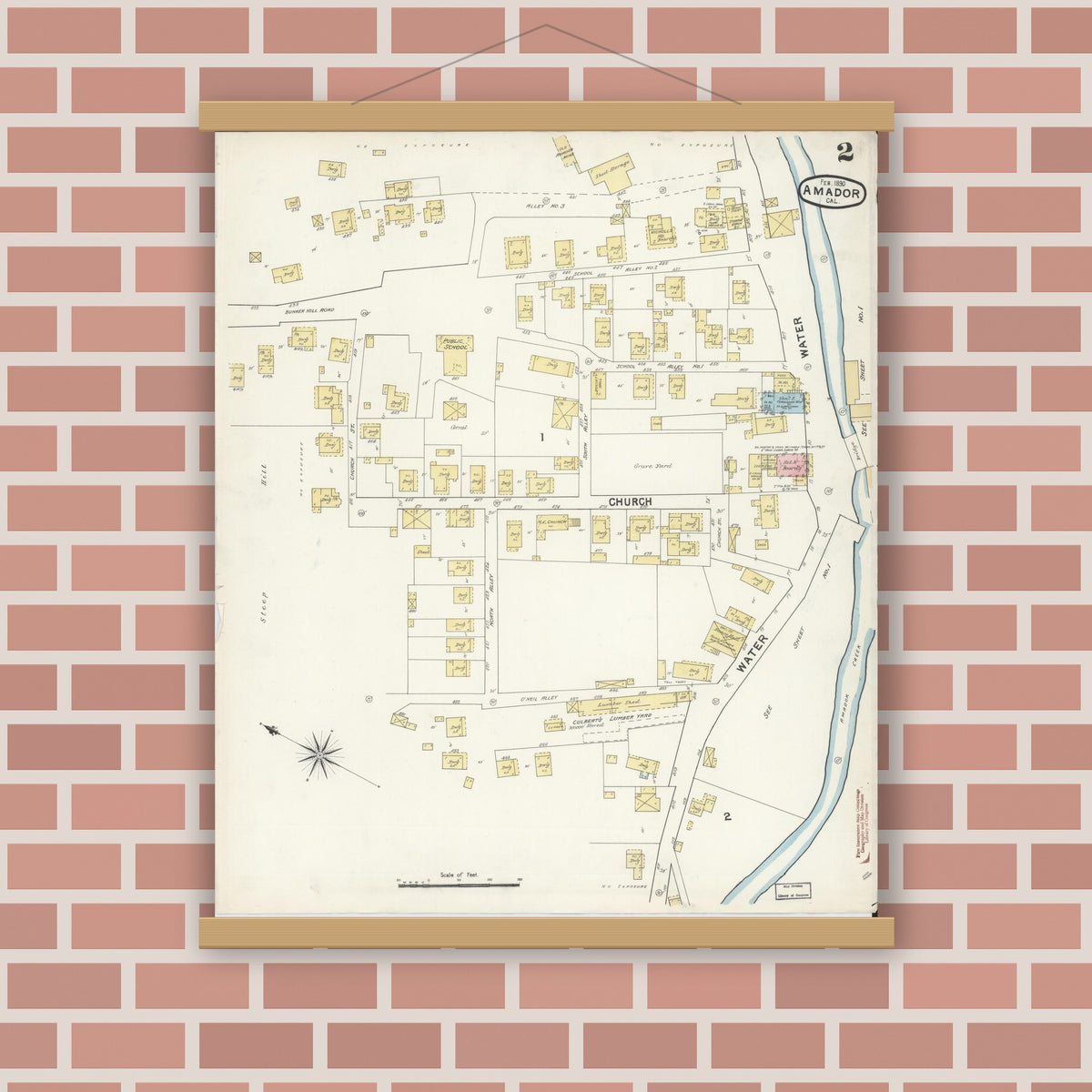 Old map wall art mockup — magnetic wood frame on brick wall — Sanborn Fire Insurance Map from Amador, Amador County, California (1890), Sheet #0002
