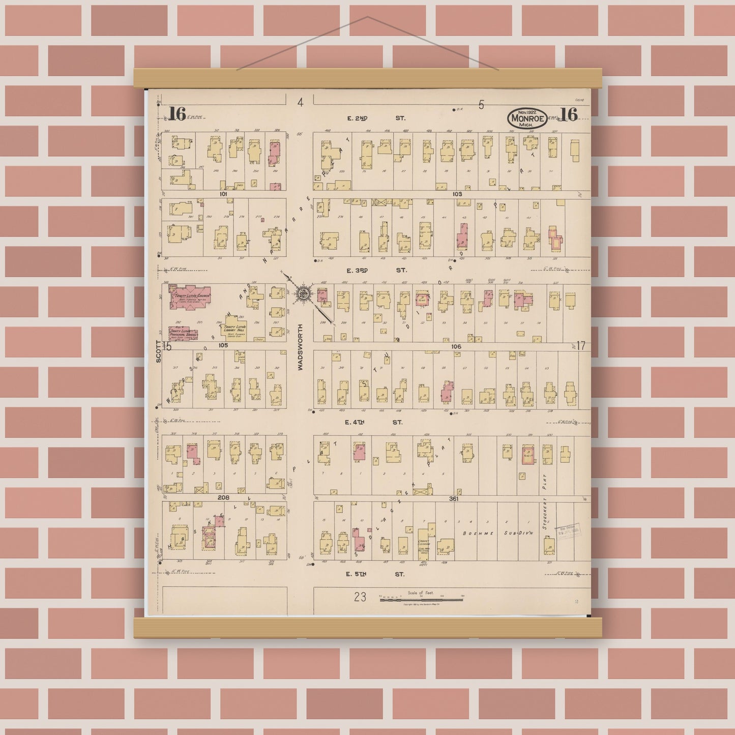 Old map wall art mockup — magnetic wood frame on brick wall — Sanborn Fire Insurance Map from Monroe, Monroe County, Michigan (1922), Sheet #0016