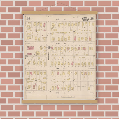 Old map wall art mockup — magnetic wood frame on brick wall — Sanborn Fire Insurance Map from Monroe, Monroe County, Michigan (1922), Sheet #0016