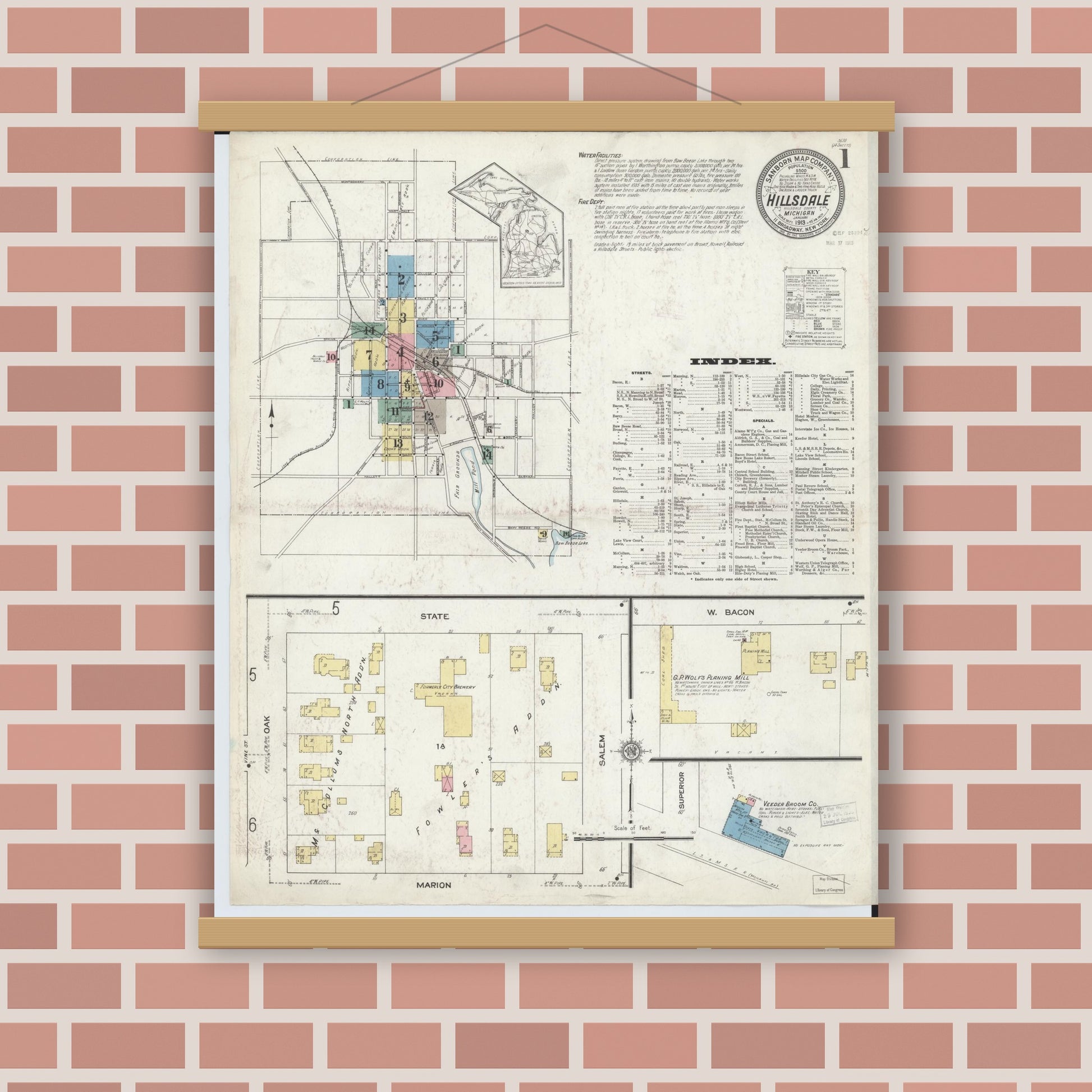 Old map wall art mockup — magnetic wood frame on brick wall — Sanborn Fire Insurance Map from Hillsdale, Hillsdale County, Michigan (1913) - Complete Map Set