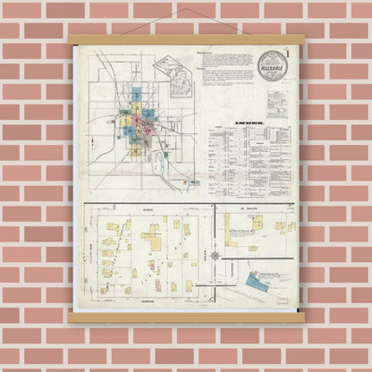 Old map wall art mockup — magnetic wood frame on brick wall — Sanborn Fire Insurance Map from Hillsdale, Hillsdale County, Michigan (1913) - Complete Map Set