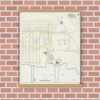 Old map wall art mockup — magnetic wood frame on brick wall — Sanborn Fire Insurance Map from Cadillac, Wexford County, Michigan (1890), Sheet #0004
