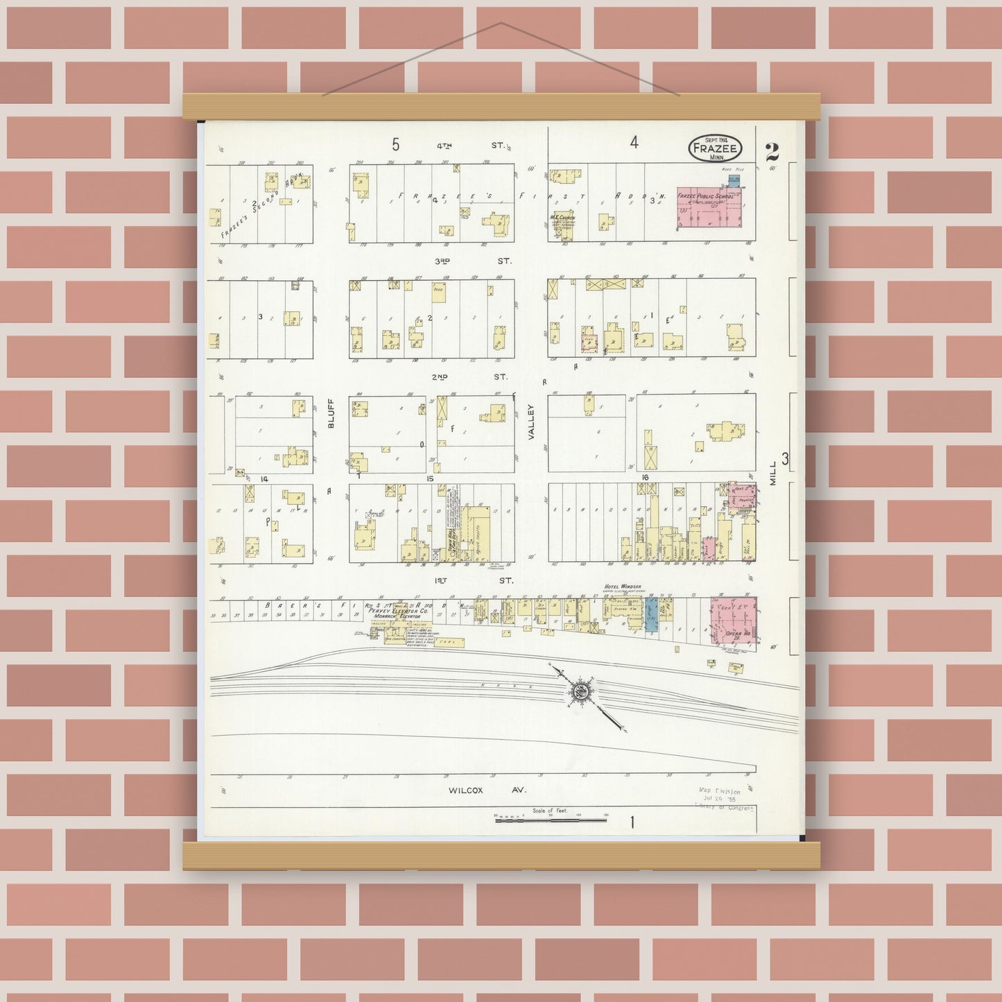 Old map wall art mockup — magnetic wood frame on brick wall — Sanborn Fire Insurance Map from Frazee, Becker County, Minnesota (1914), Sheet #0002