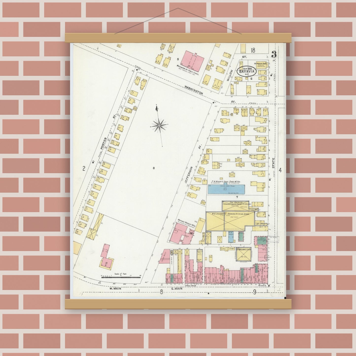 Old map wall art mockup — magnetic wood frame on brick wall — Sanborn Fire Insurance Map from Batavia, Genesee County, New York (1906), Sheet #0003
