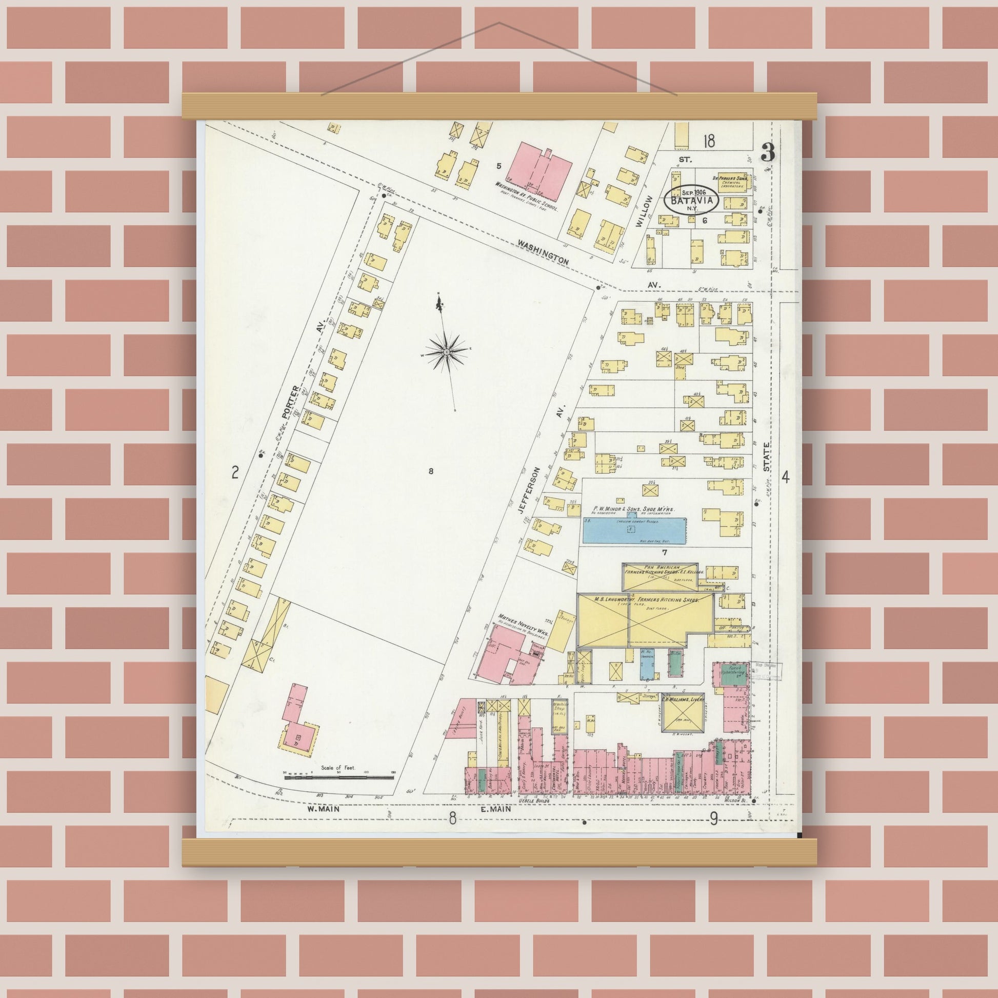 Old map wall art mockup — magnetic wood frame on brick wall — Sanborn Fire Insurance Map from Batavia, Genesee County, New York (1906), Sheet #0003