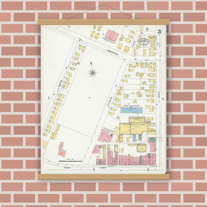 Old map wall art mockup — magnetic wood frame on brick wall — Sanborn Fire Insurance Map from Batavia, Genesee County, New York (1906), Sheet #0003