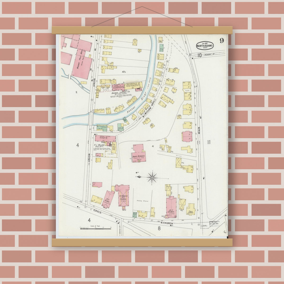 Old map wall art mockup — magnetic wood frame on brick wall — Sanborn Fire Insurance Map from North Adams, Berkshire County, Massachusetts (1897), Sheet #0009