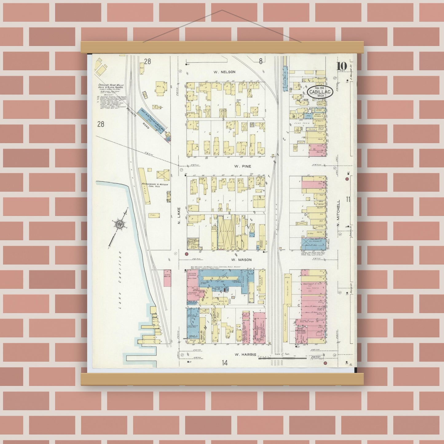 Old map wall art mockup — magnetic wood frame on brick wall — Sanborn Fire Insurance Map from Cadillac, Wexford County, Michigan (1914), Sheet #0010