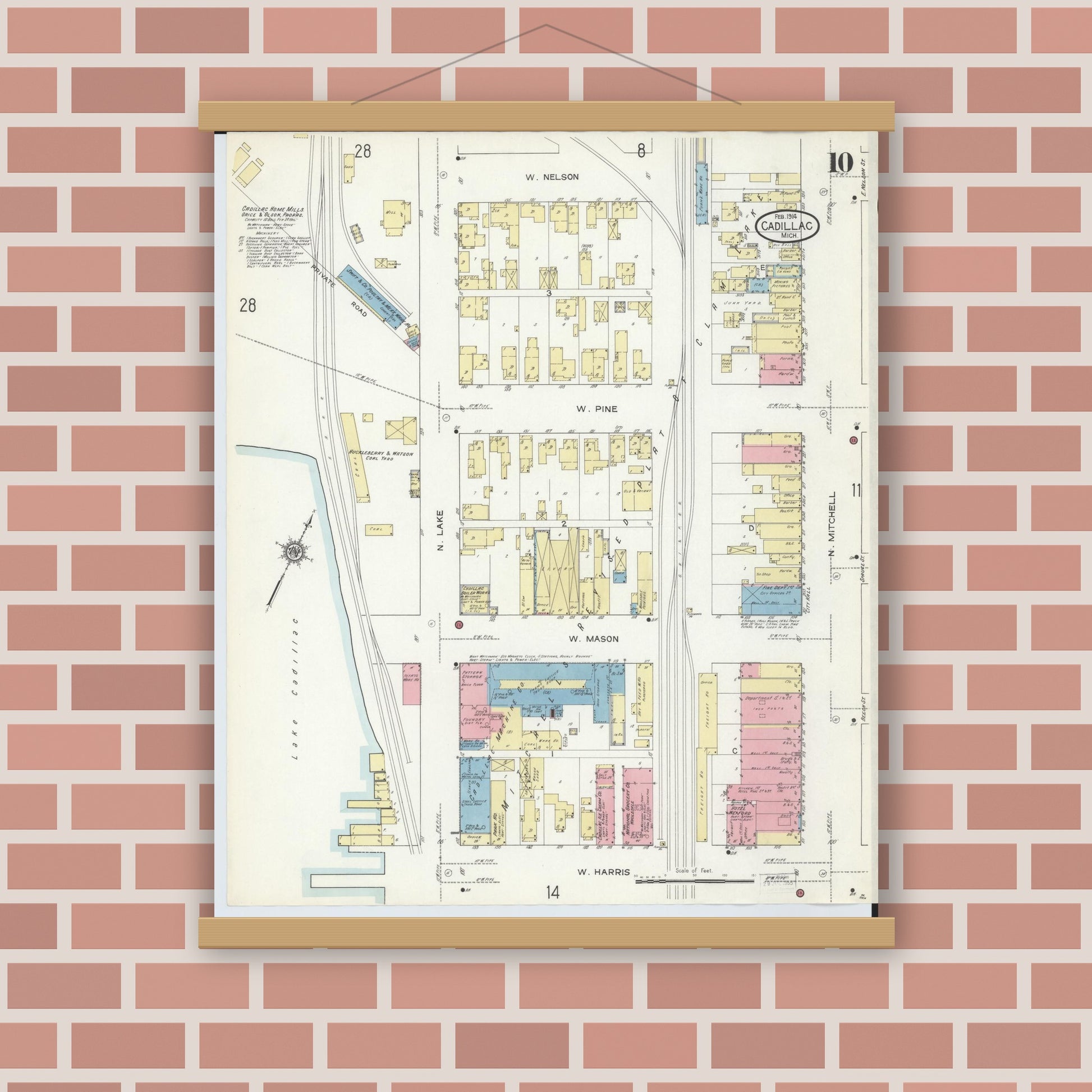 Old map wall art mockup — magnetic wood frame on brick wall — Sanborn Fire Insurance Map from Cadillac, Wexford County, Michigan (1914), Sheet #0010