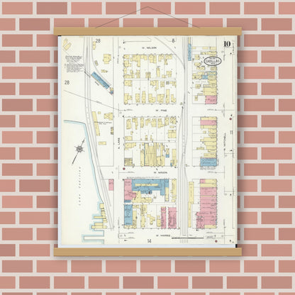 Old map wall art mockup — magnetic wood frame on brick wall — Sanborn Fire Insurance Map from Cadillac, Wexford County, Michigan (1914), Sheet #0010