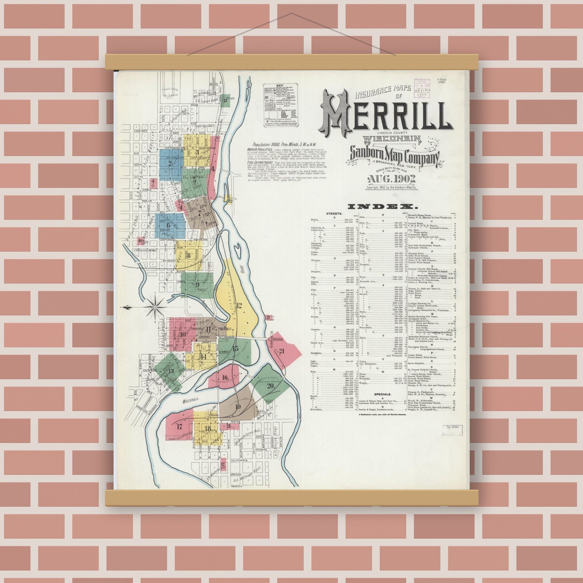 Old map wall art mockup — magnetic wood frame on brick wall — Sanborn Fire Insurance Map from Merrill, Lincoln County, Wisconsin (1902), Sheet #0001