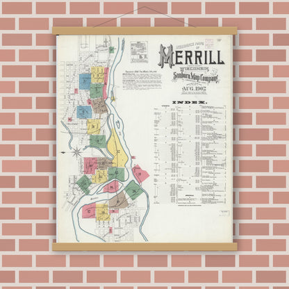 Old map wall art mockup — magnetic wood frame on brick wall — Sanborn Fire Insurance Map from Merrill, Lincoln County, Wisconsin (1902), Sheet #0001