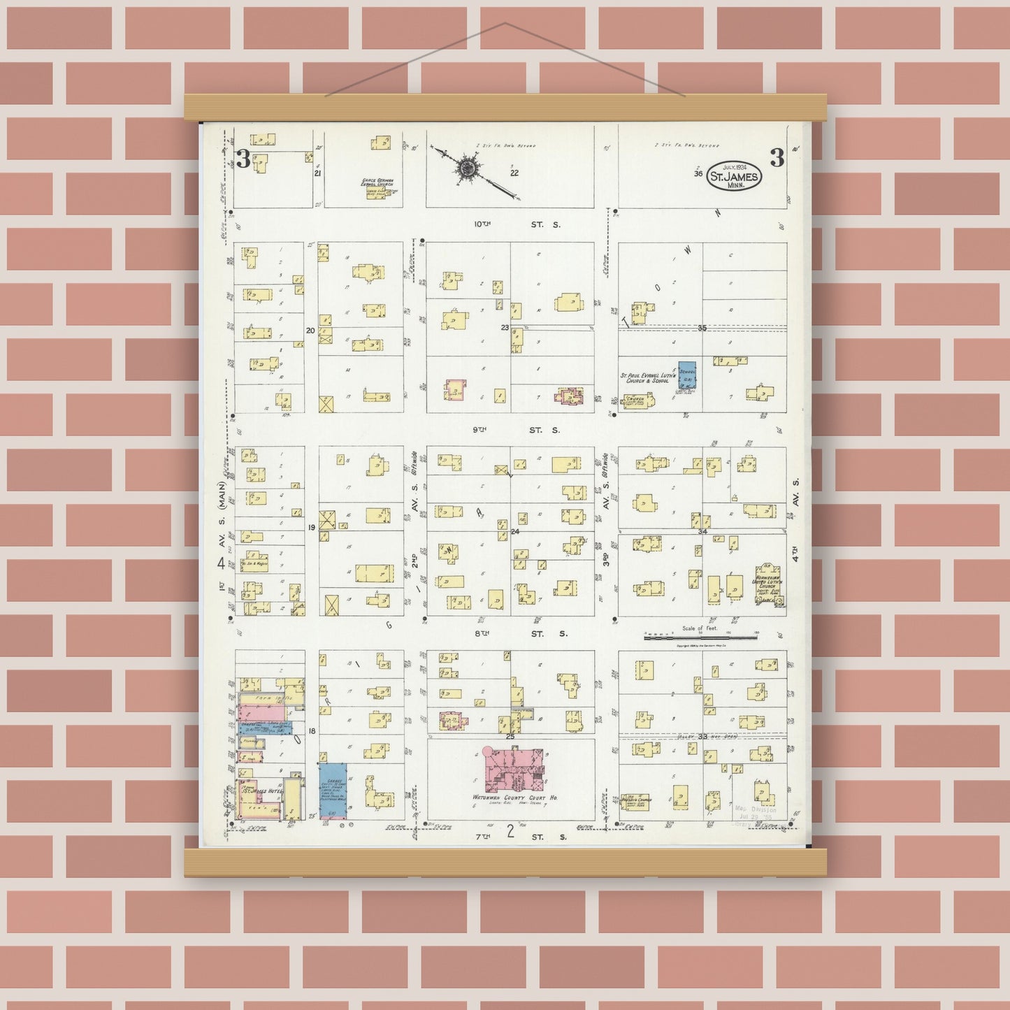 Old map wall art mockup — magnetic wood frame on brick wall — Sanborn Fire Insurance Map from Saint James, Watonwan County, Minnesota (1924), Sheet #0003