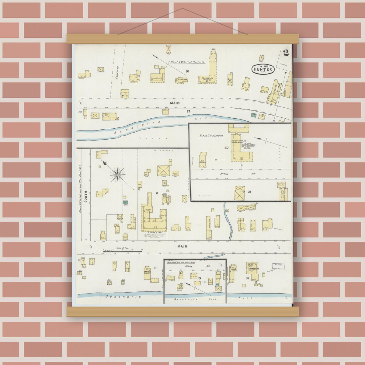 Old map wall art mockup — magnetic wood frame on brick wall — Sanborn Fire Insurance Map from Hunter, Greene County, New York (1895), Sheet #0002