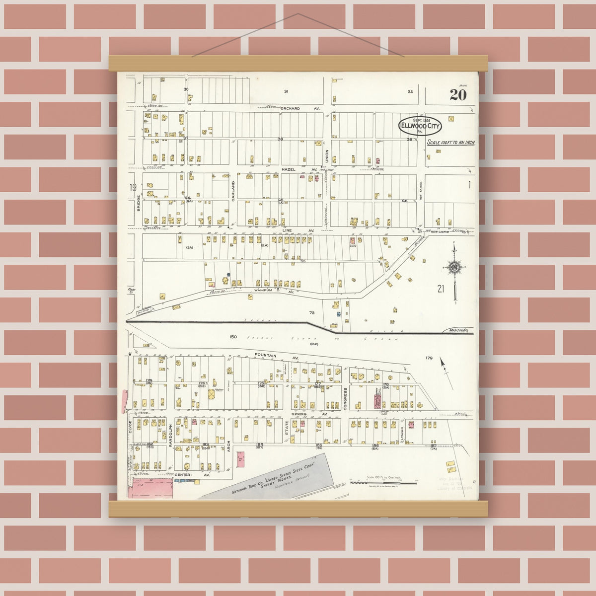 Old map wall art mockup — magnetic wood frame on brick wall — Sanborn Fire Insurance Map from Ellwood City, Lawrence County, Pennsylvania (1921), Sheet #0020