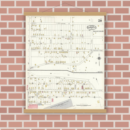 Old map wall art mockup — magnetic wood frame on brick wall — Sanborn Fire Insurance Map from Ellwood City, Lawrence County, Pennsylvania (1921), Sheet #0020