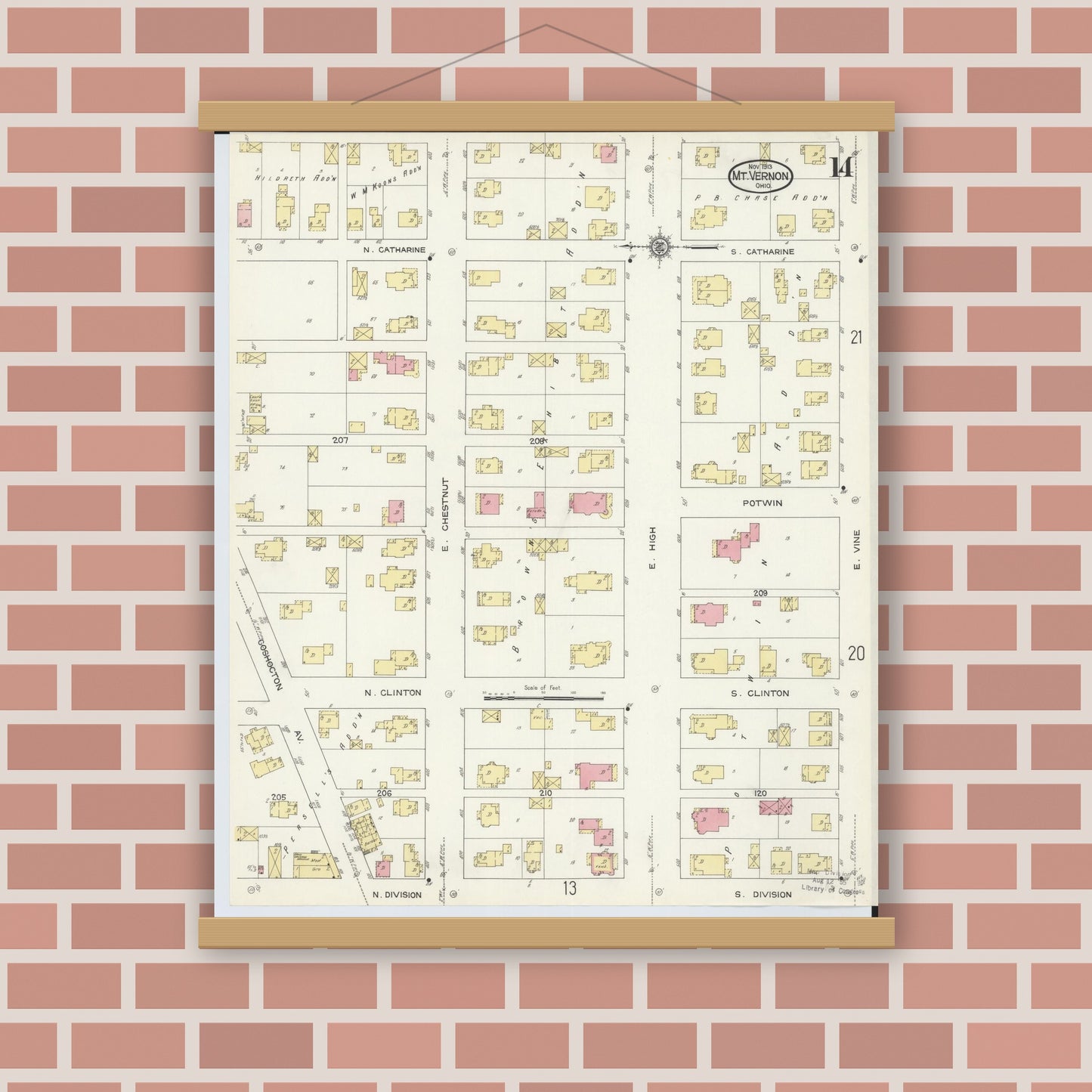 Old map wall art mockup — magnetic wood frame on brick wall — Sanborn Fire Insurance Map from Mount Vernon, Knox County, Ohio (1913), Sheet #0014