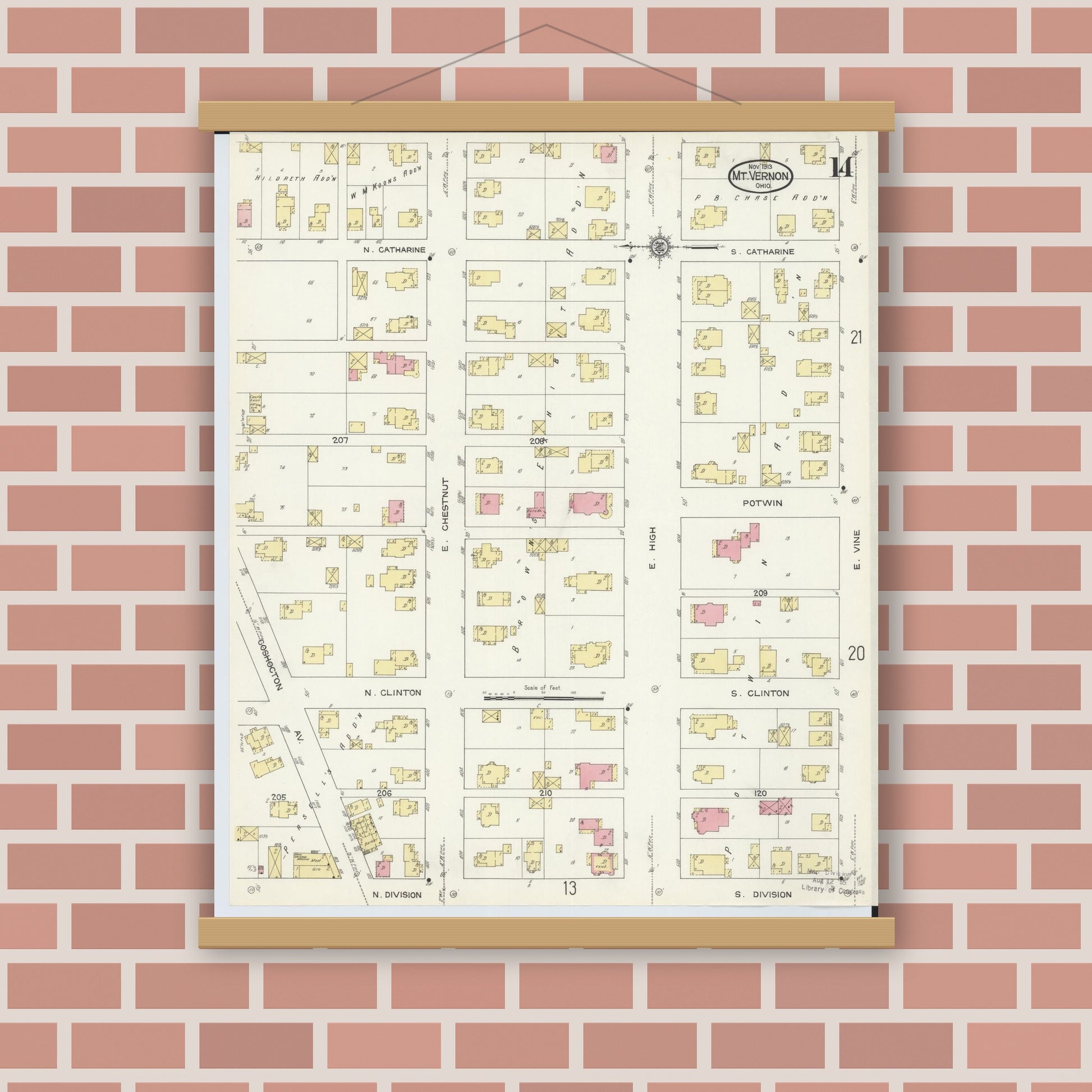 Old map wall art mockup — magnetic wood frame on brick wall — Sanborn Fire Insurance Map from Mount Vernon, Knox County, Ohio (1913), Sheet #0014