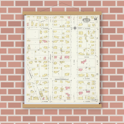 Old map wall art mockup — magnetic wood frame on brick wall — Sanborn Fire Insurance Map from Mount Vernon, Knox County, Ohio (1913), Sheet #0014