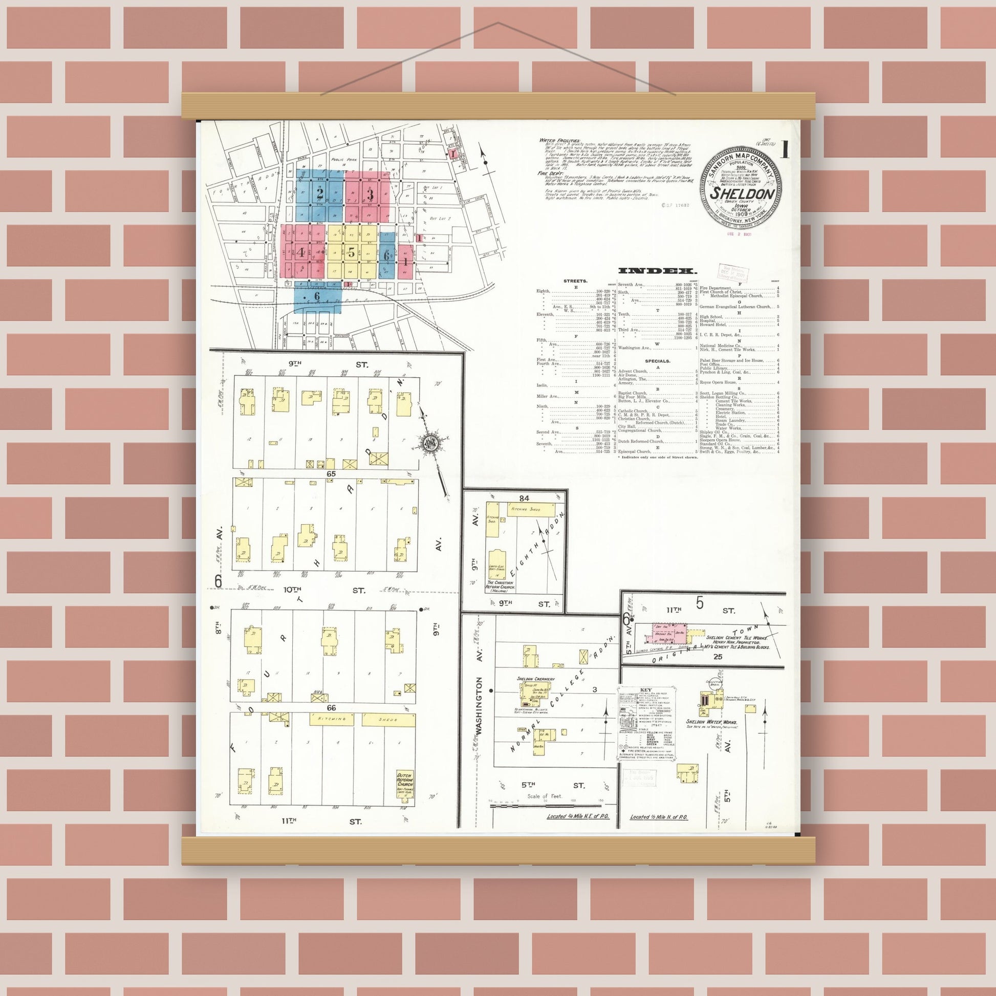 Old map wall art mockup — magnetic wood frame on brick wall — Sanborn Fire Insurance Map from Sheldon, O'Brien County, Iowa (1909), Sheet #0001