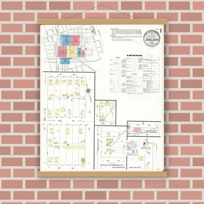Old map wall art mockup — magnetic wood frame on brick wall — Sanborn Fire Insurance Map from Sheldon, O'Brien County, Iowa (1909), Sheet #0001